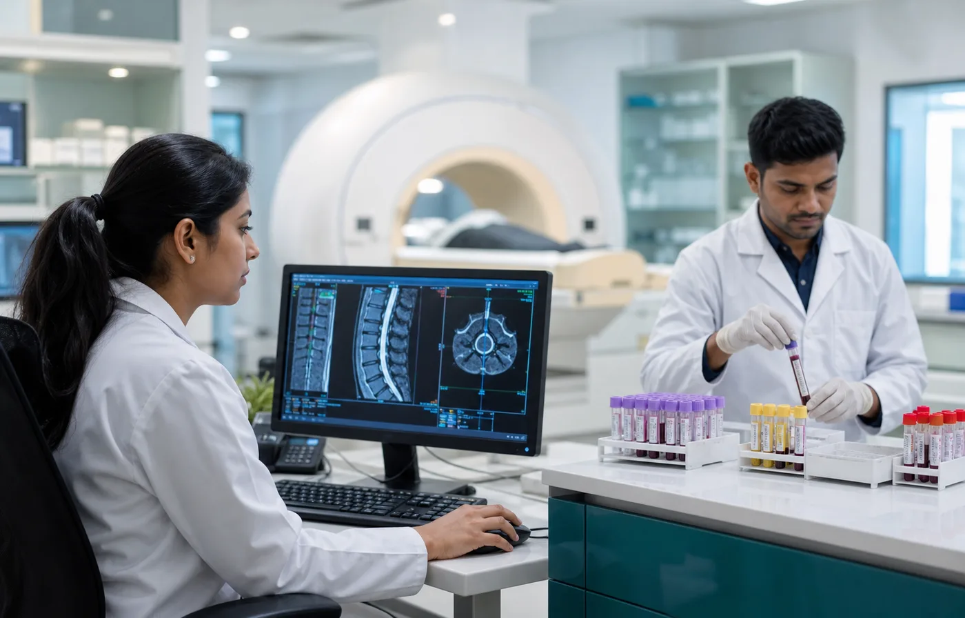 Diagnostic Services Available in Indore Diagnostic professionals supporting MRI Scan, CT Scan and Blood Tests in Indore