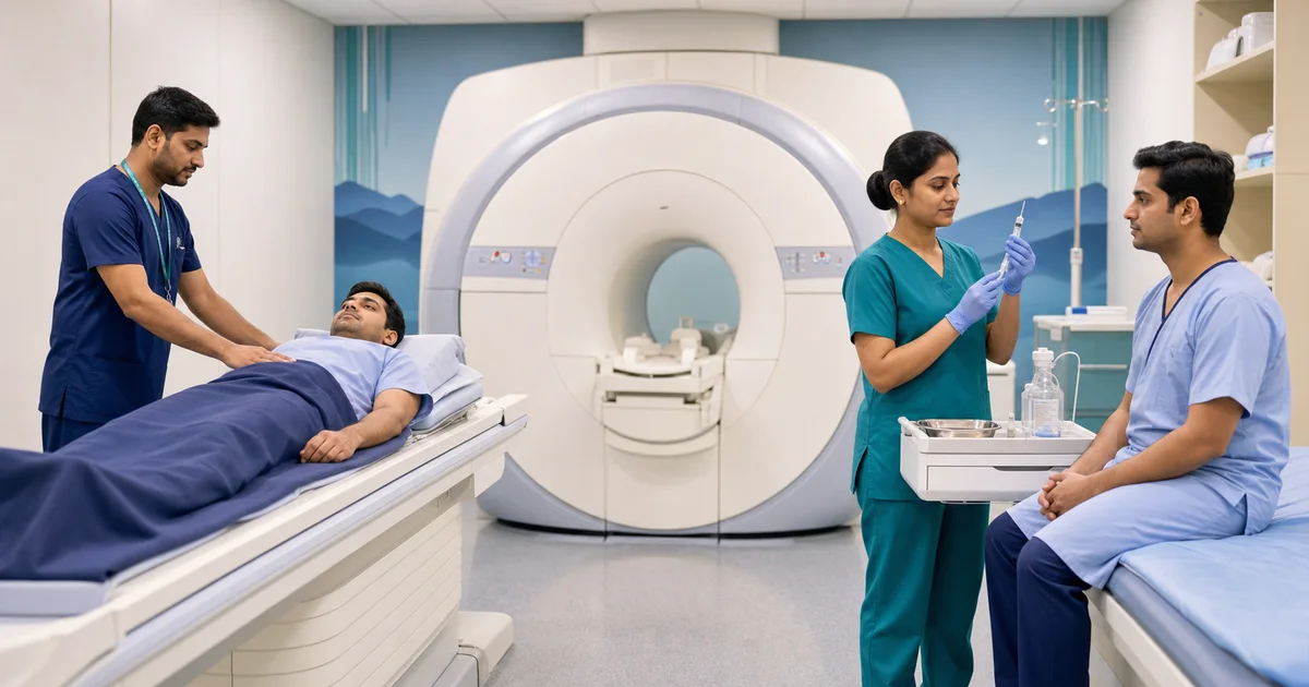 Plain MRI vs Contrast MRI comparison showing contrast injection preparation